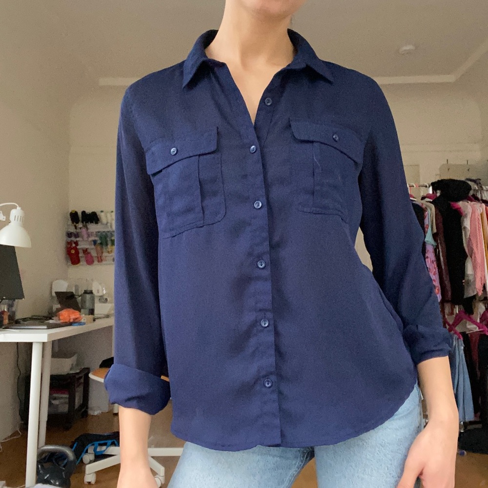 Navy button down blouse - Picture 4 of 4